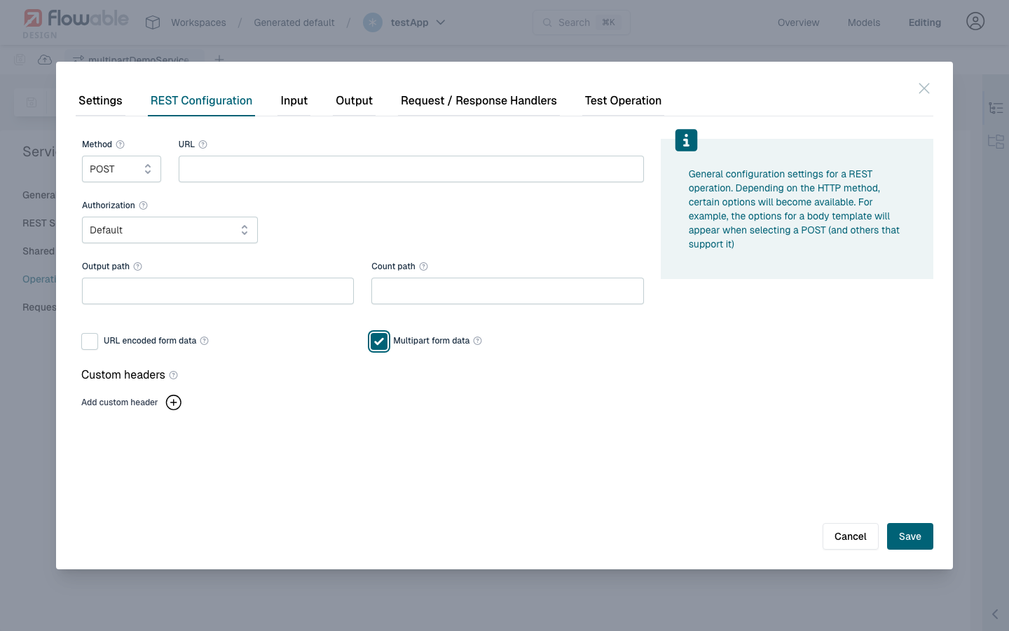 Multipart form data checkbox on operation REST Configuration