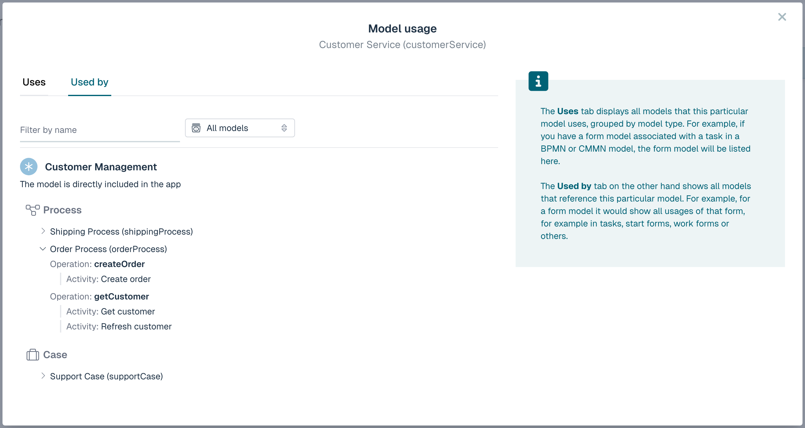 Model usage - Used by tab with operation-level detail