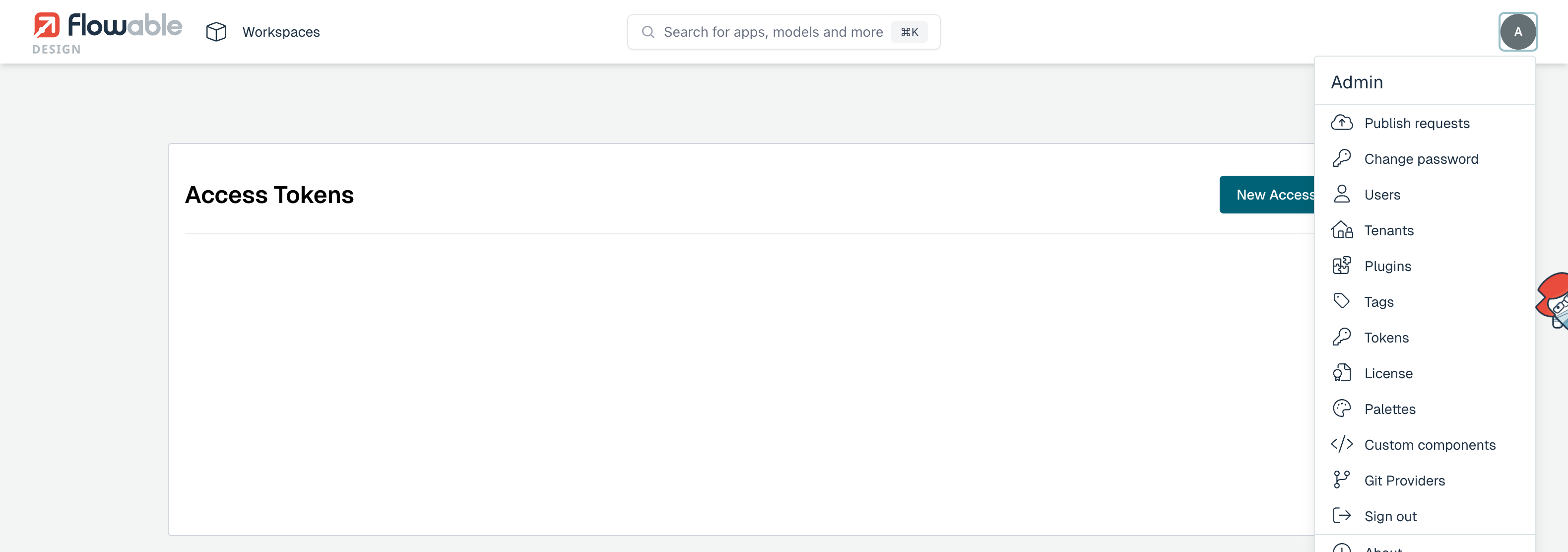 Opening the Tokens screen from the user profile menu