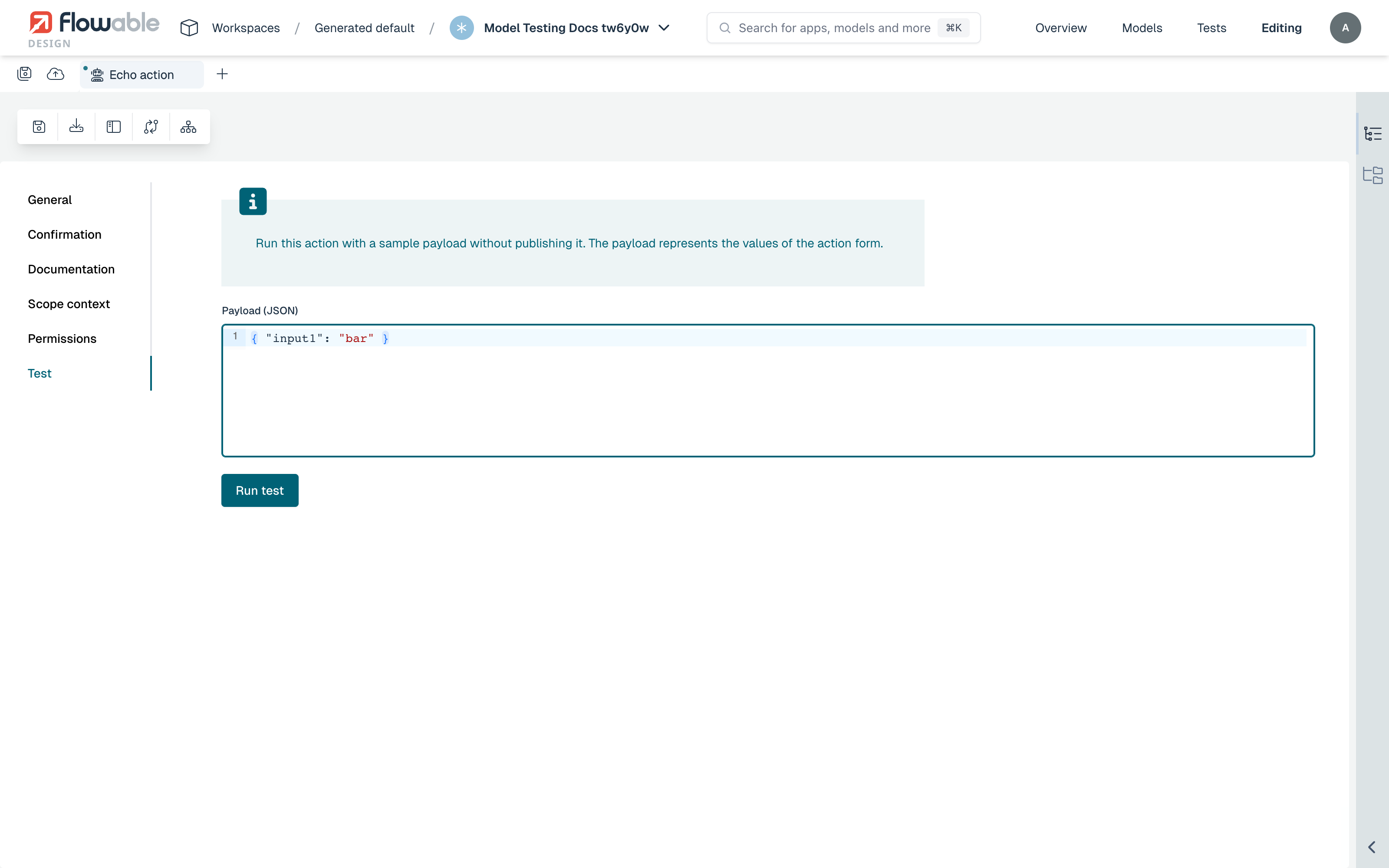 The Test tab of an action model
