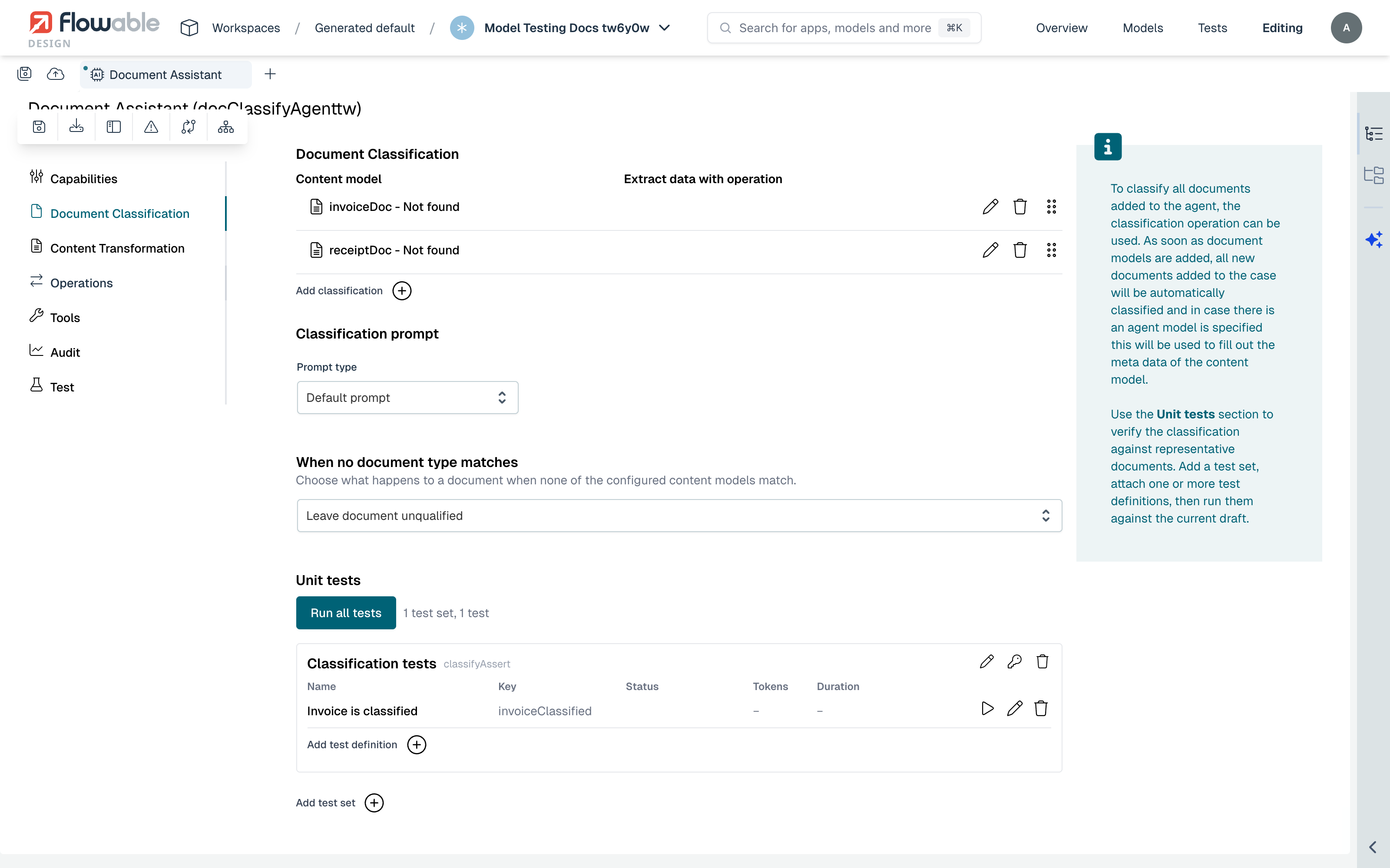 Classification unit tests on a document agent