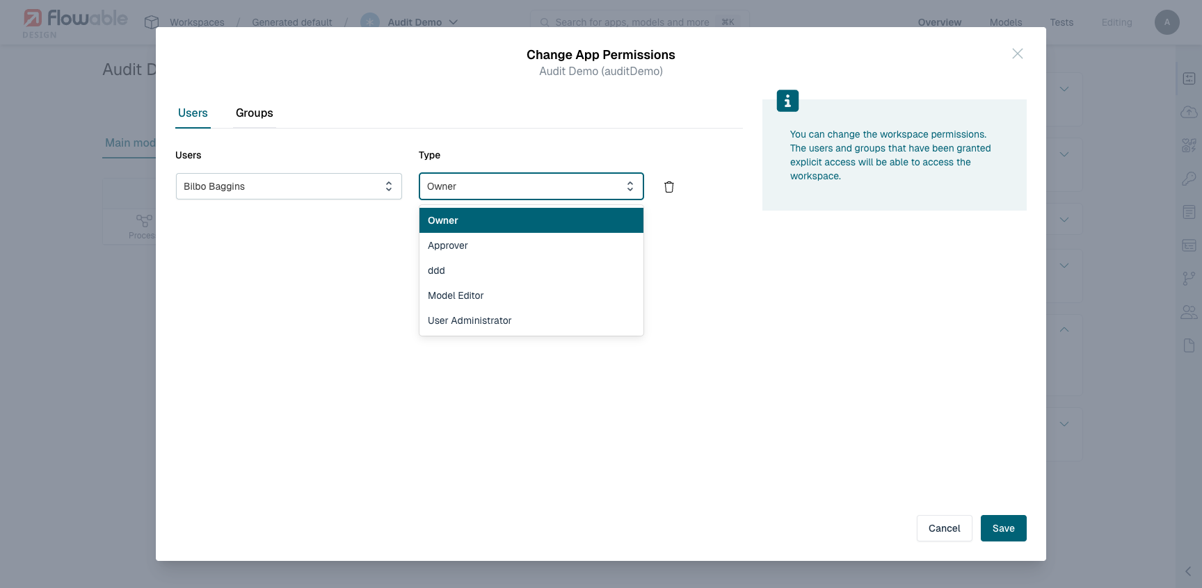Assigning a user and role in the Change App Permissions dialog