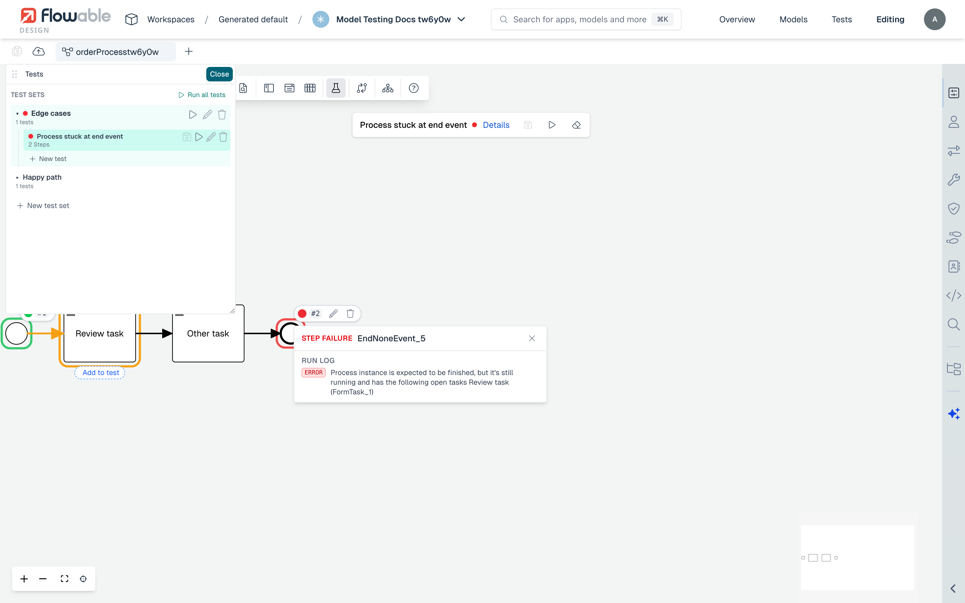 A failed process test showing the step failure popover