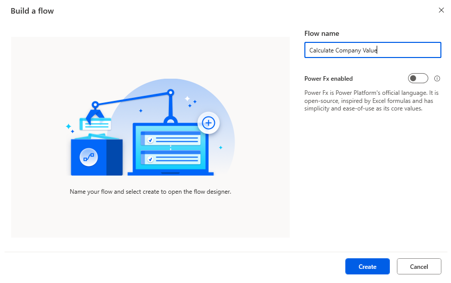 Build a Flow dialog with filled in Flow name