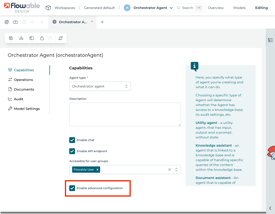 Enable advanced configuration in the capabilities tab