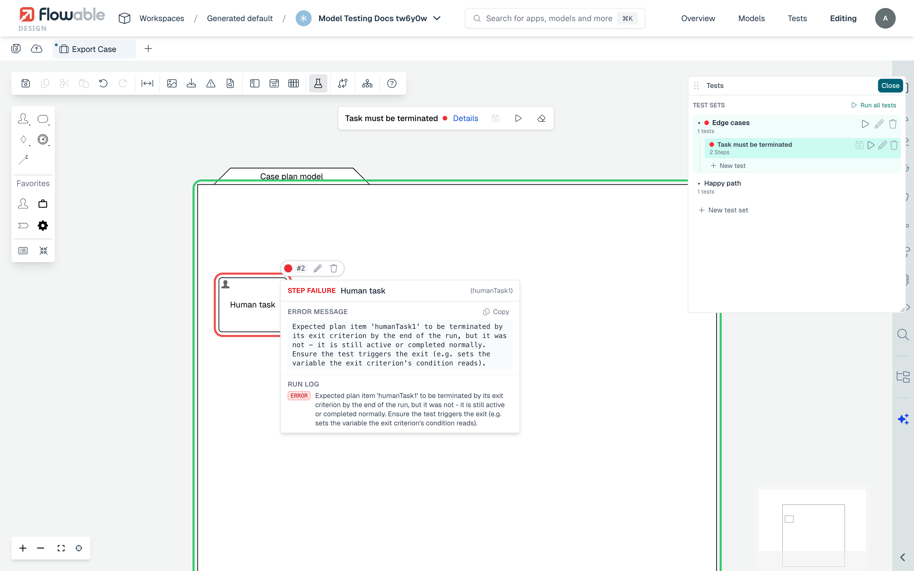 A failed case test showing the step failure popover