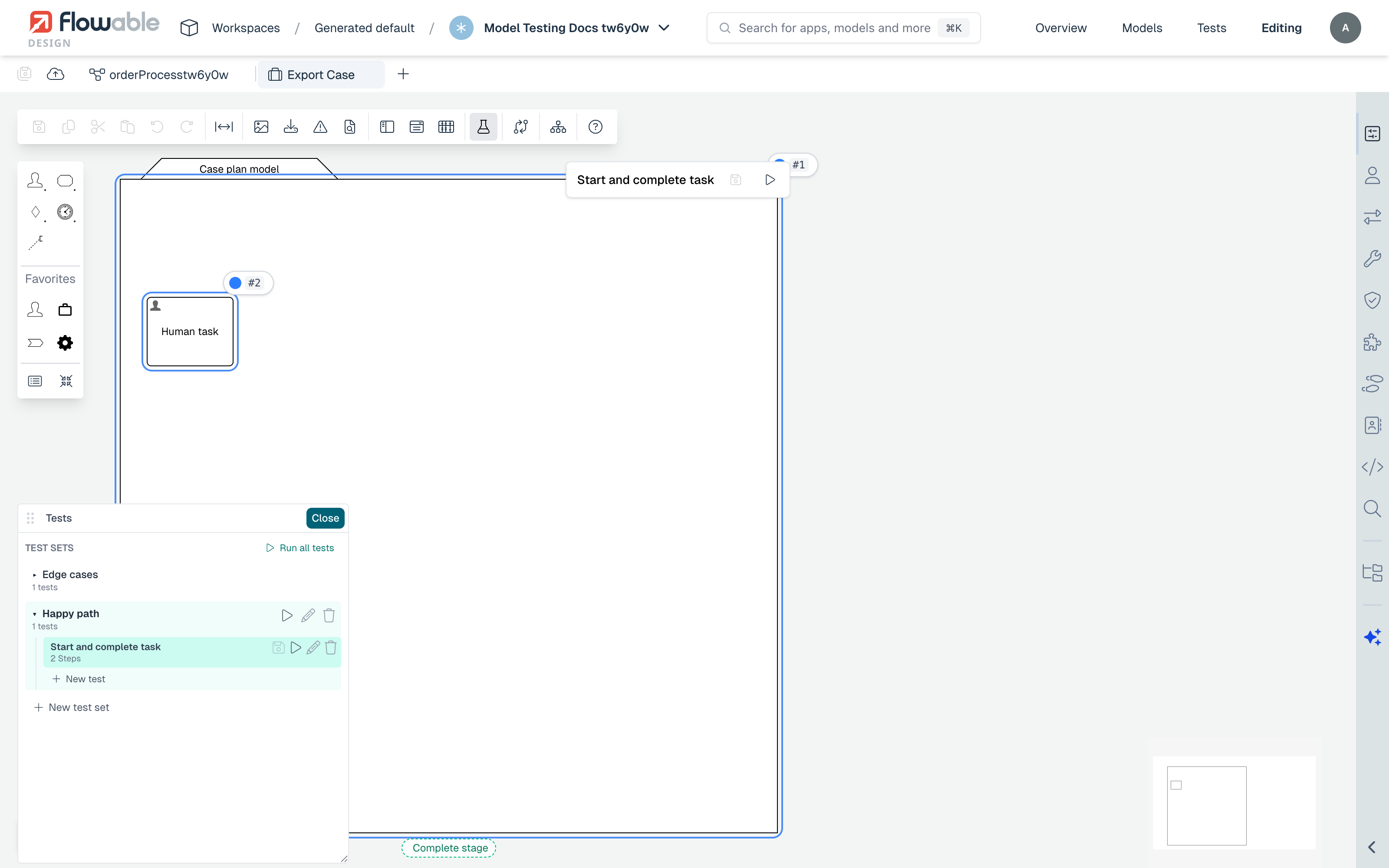 The Tests panel for a case model