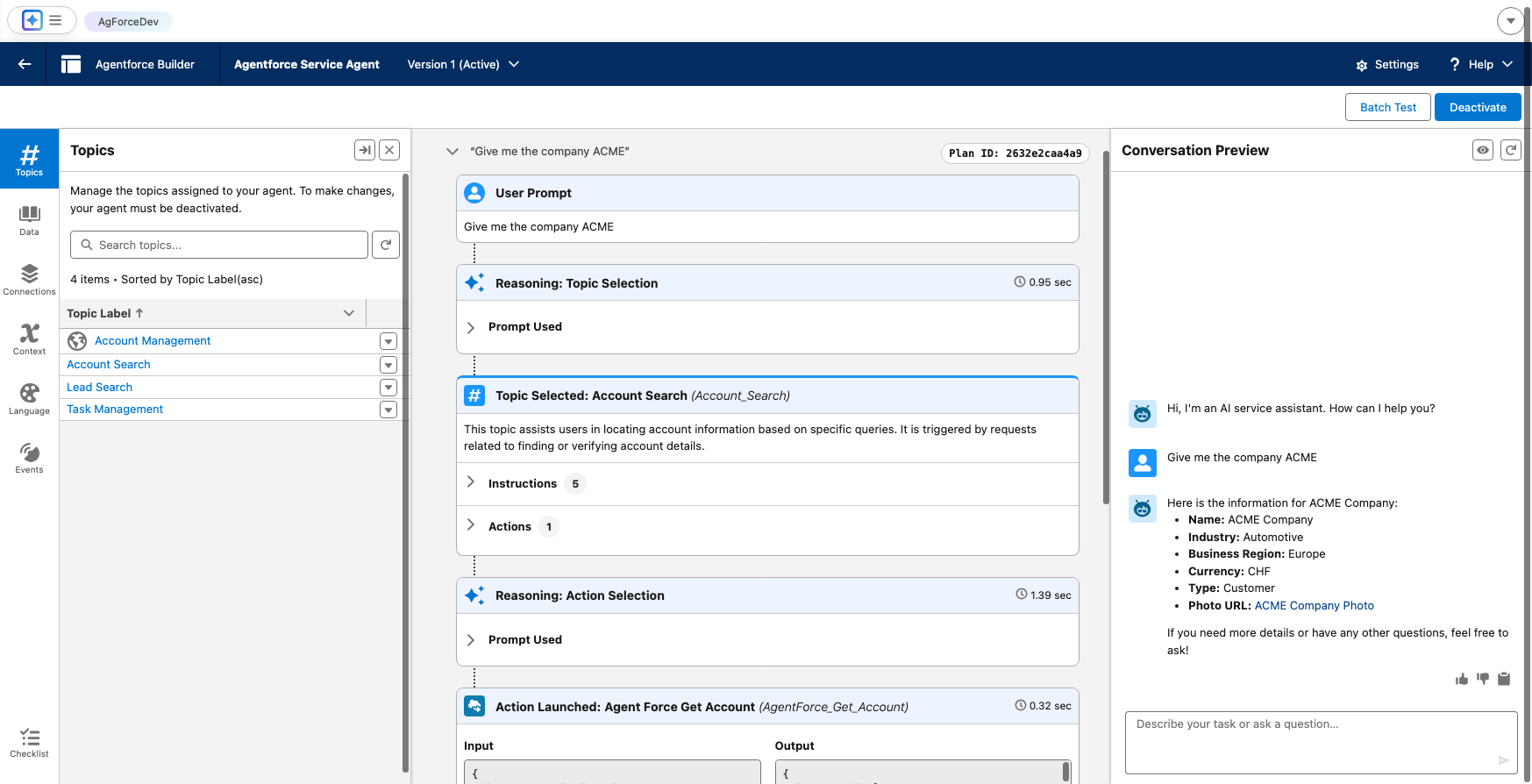 Salesforce Agentforce Test returning a company