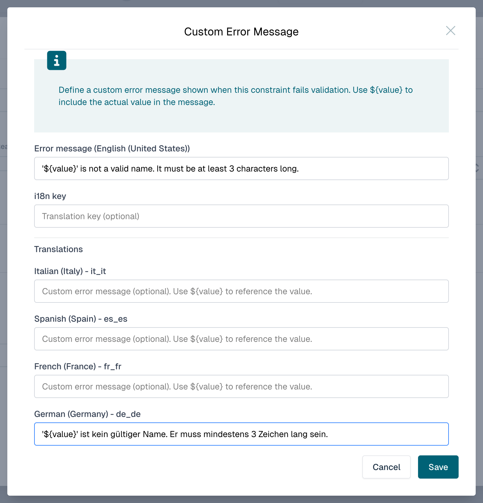 Data Dictionary Custom Error Message Dialog
