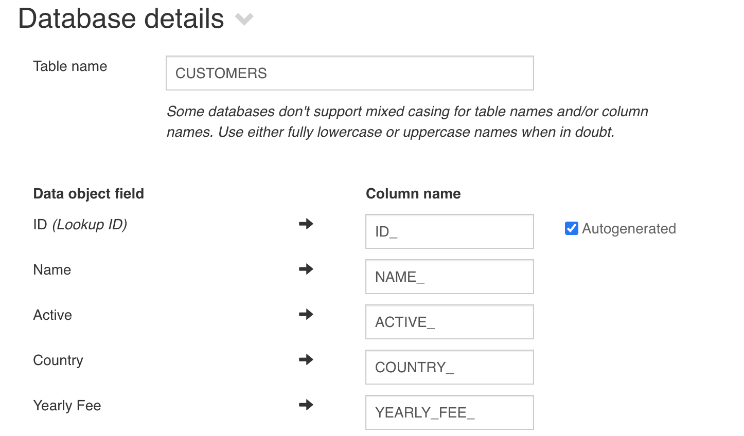 Data object database column mapping