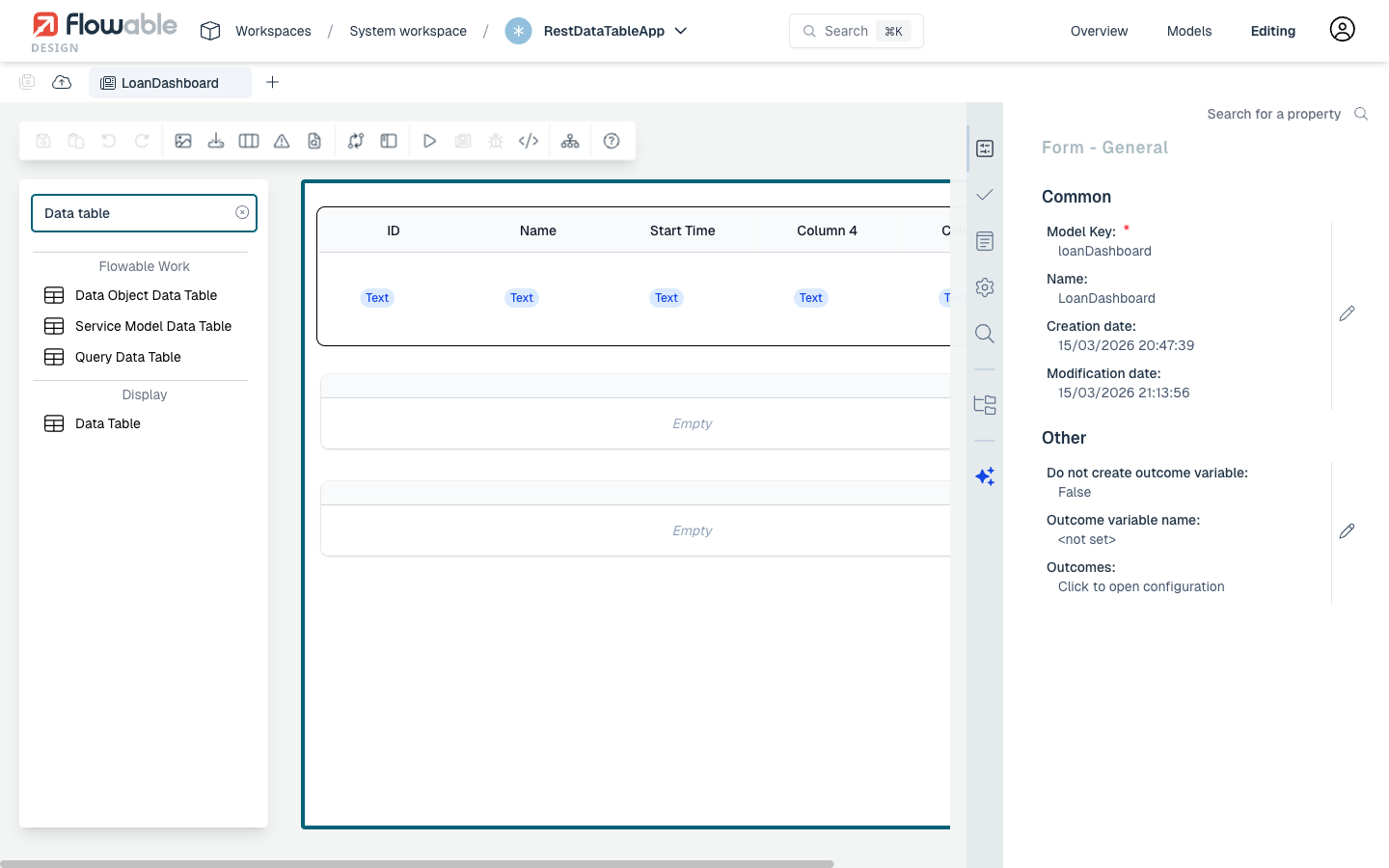 Search for Data Table in palette