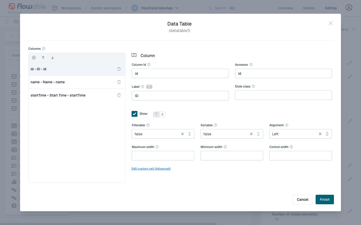 Column editor with configured columns