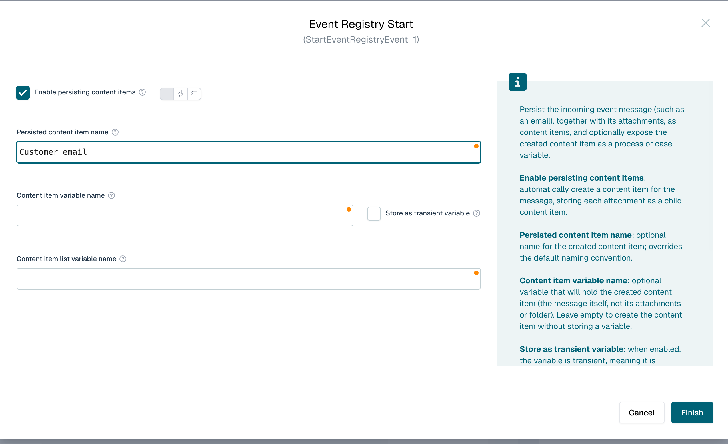 Enable persisting content items on the event registry start event