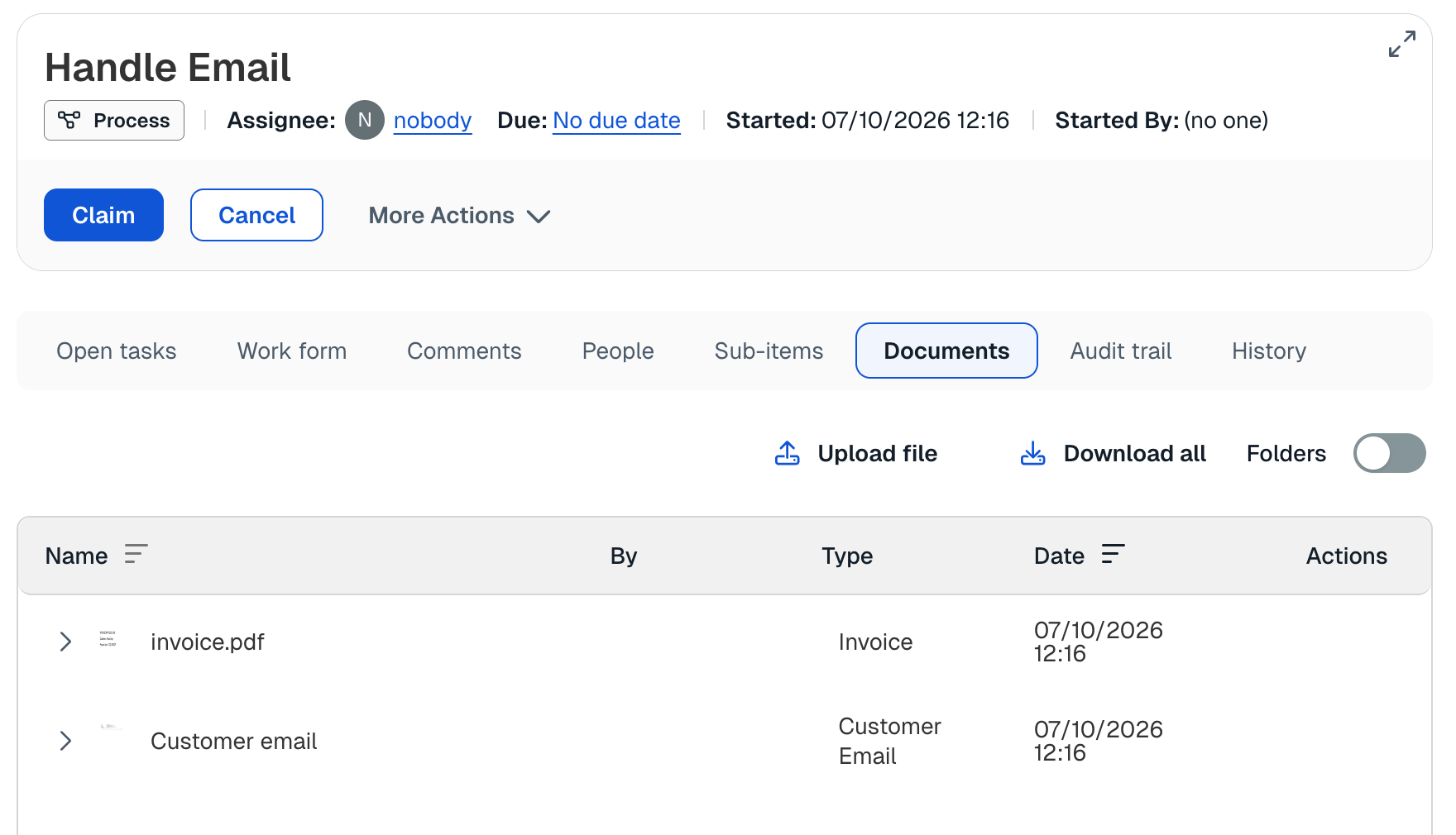 Received email and attachments as classified content items in the instance's Documents panel in Flowable Work