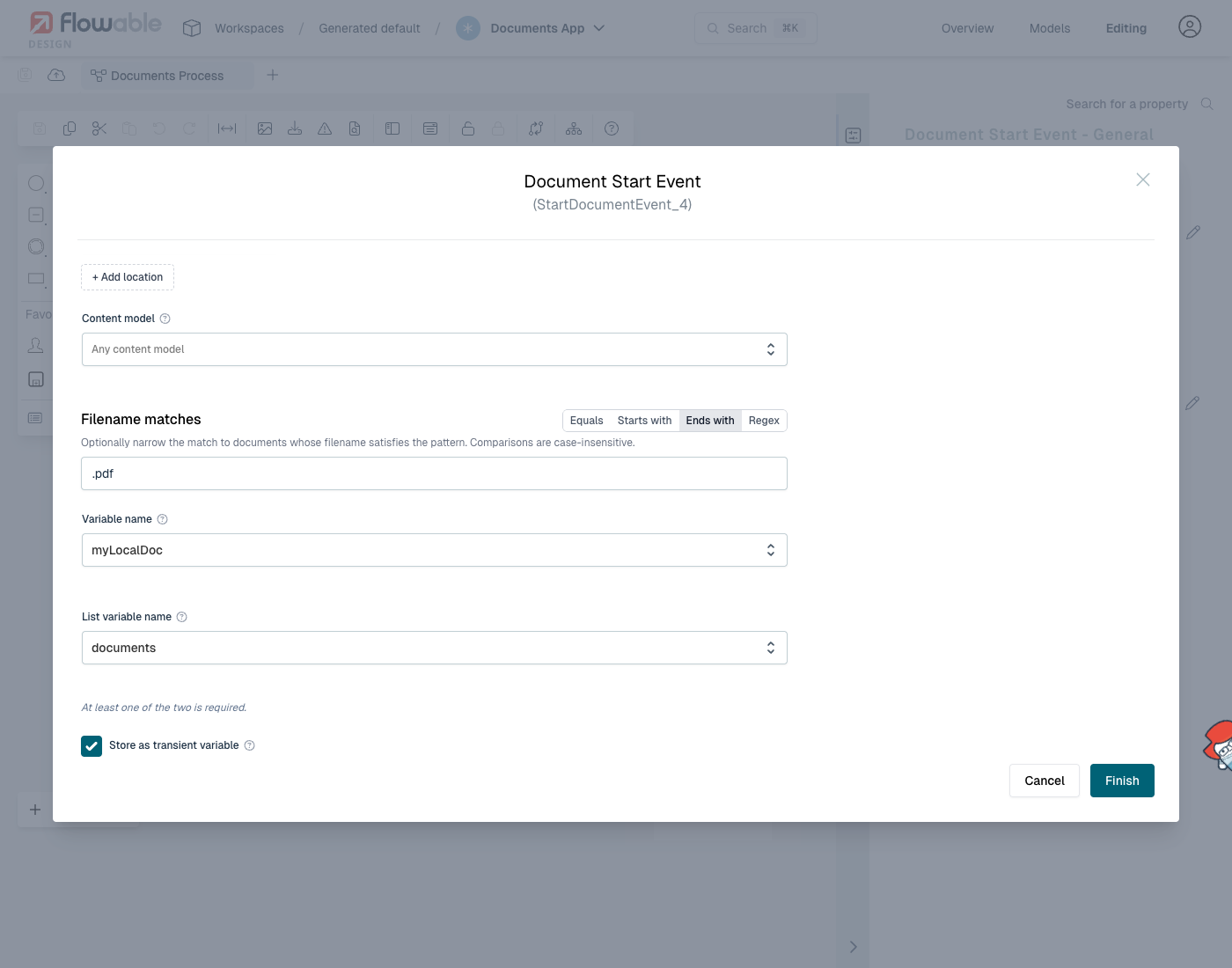Document event configuration modal: Filename pattern, Variable name, List variable name and the transient checkbox