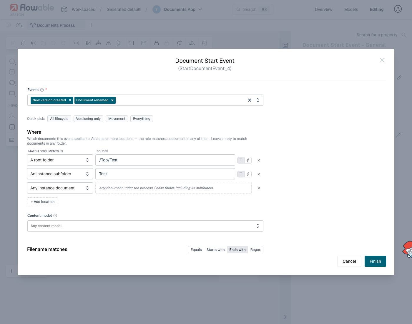 Document event configuration modal: Events, Quick pick, Where, Content model and Filename matches
