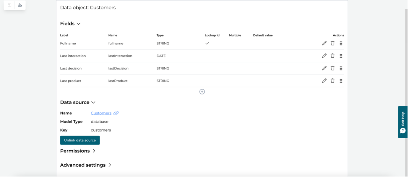 Customers data object