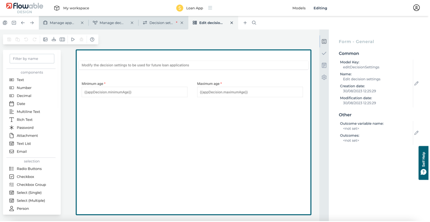 Decision editing form