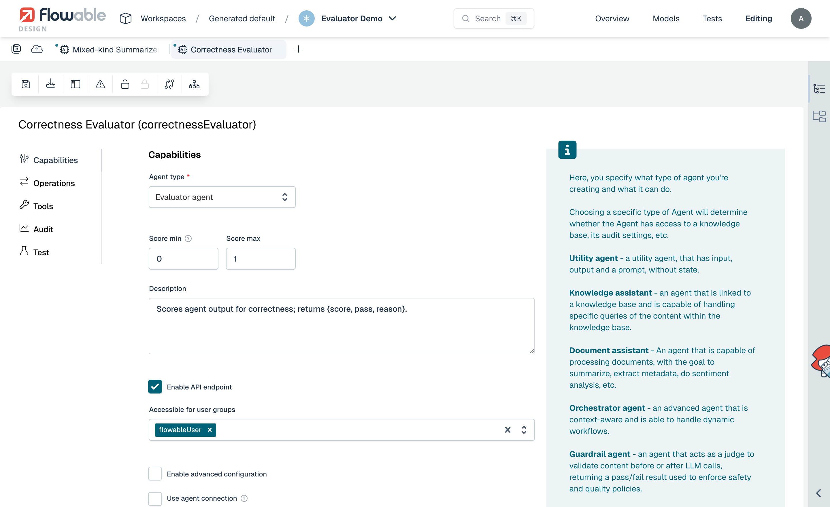 Evaluator agent type selected in capabilities