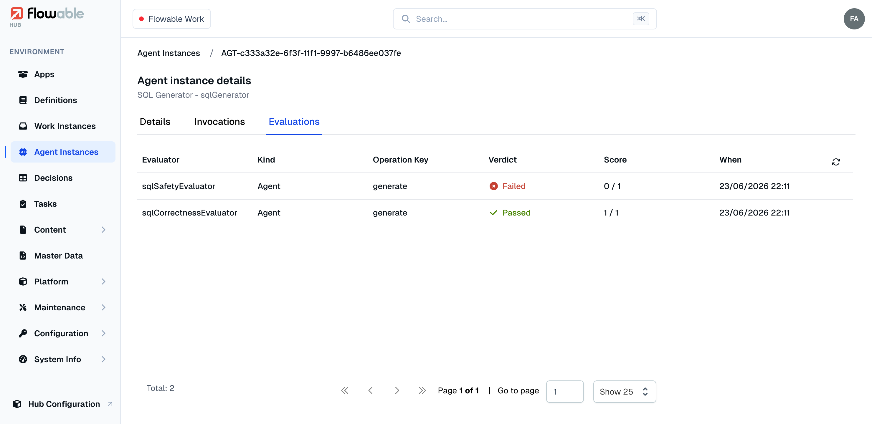 The Evaluations tab on an agent instance in Flowable Hub
