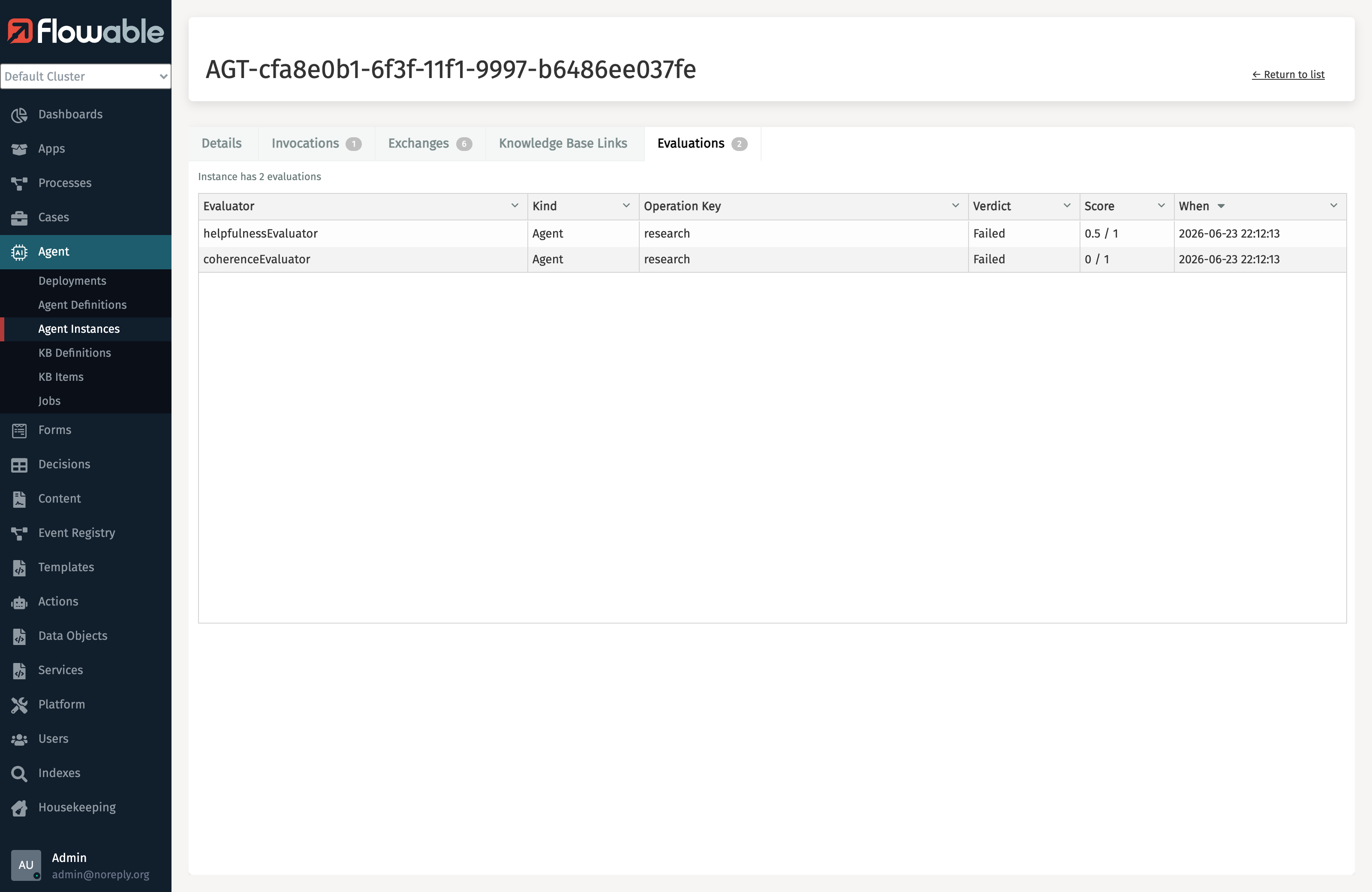 The Evaluations tab on an agent instance in Flowable Control