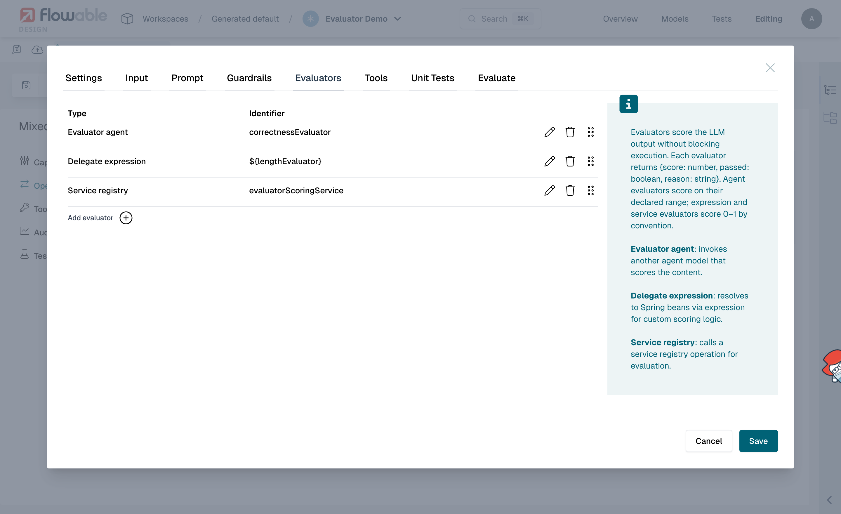 Evaluators configured on an agent operation in Flowable Design