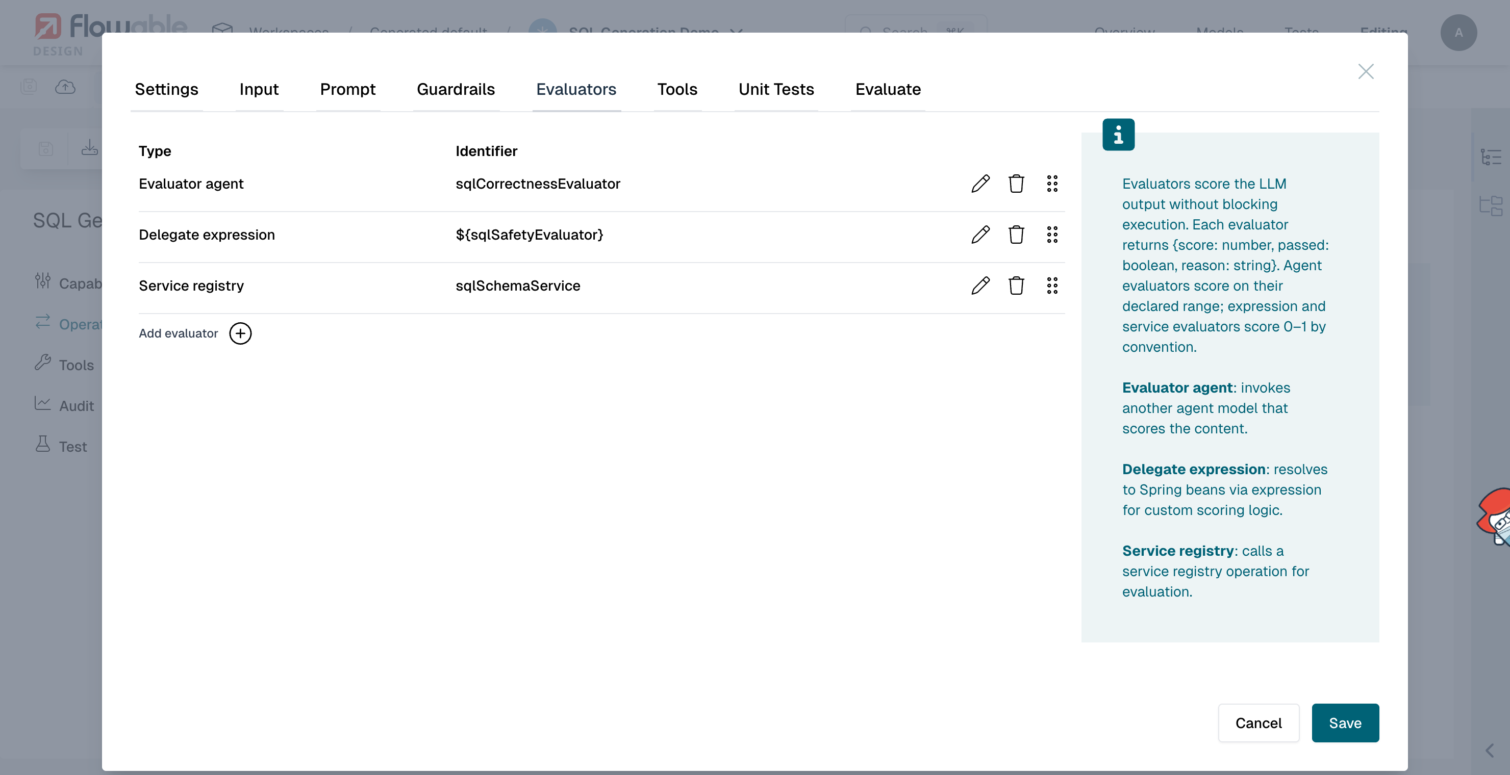 One evaluator of each kind configured on the Generate SQL operation