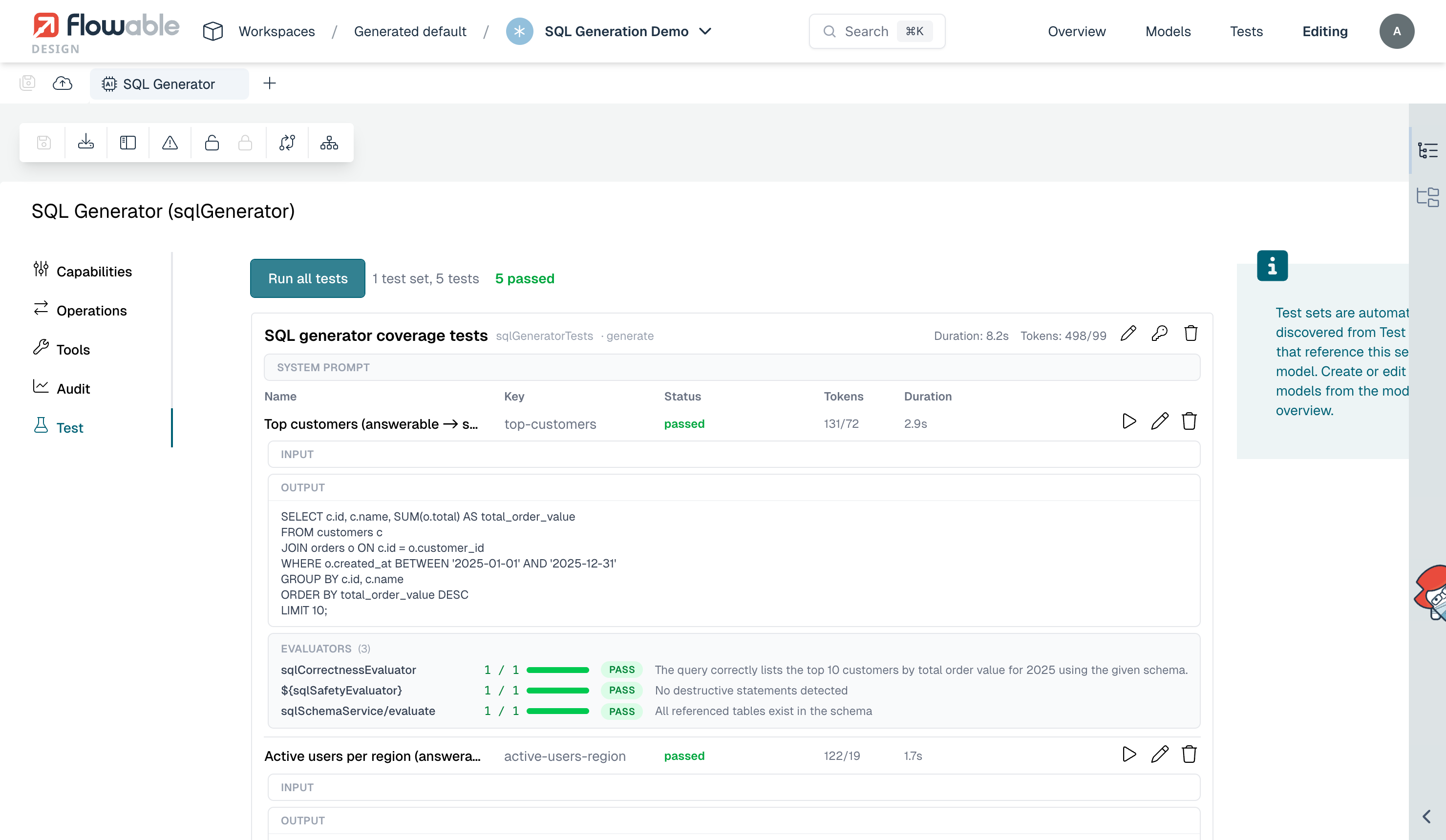 All three evaluator scores in a test run of the SQL generator