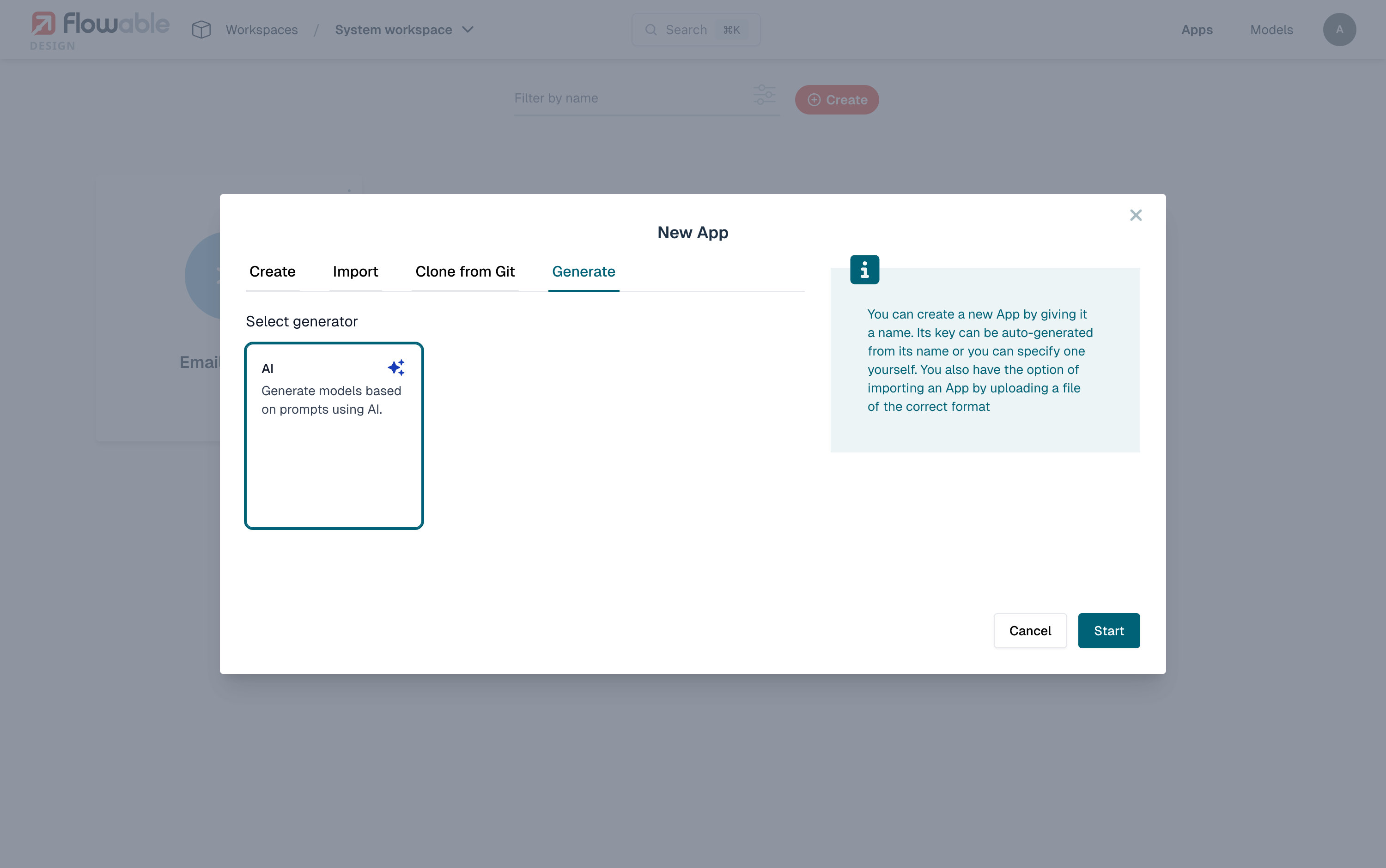 Selecting the AI generator in the New App dialog