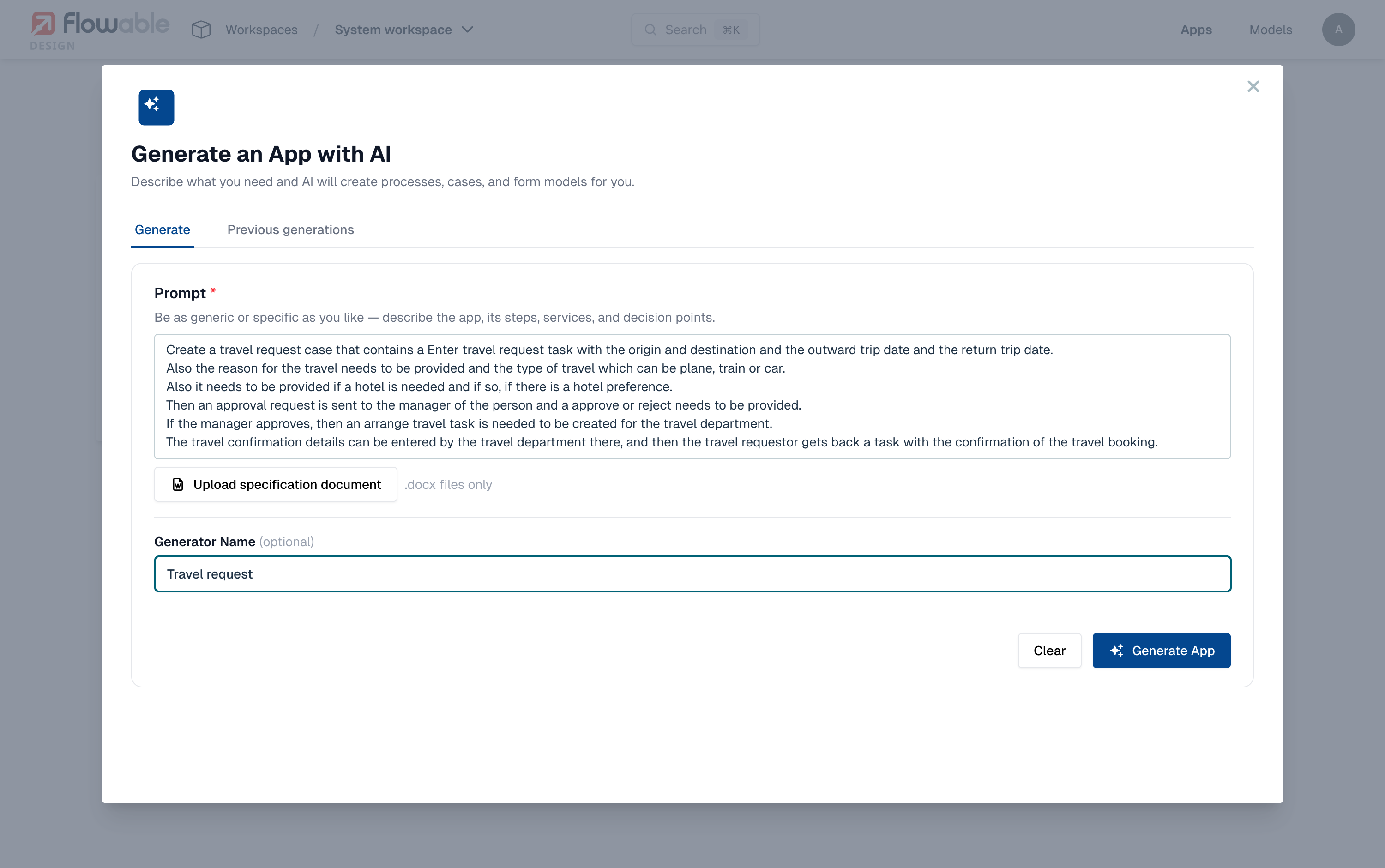The Generate an App with AI prompt step