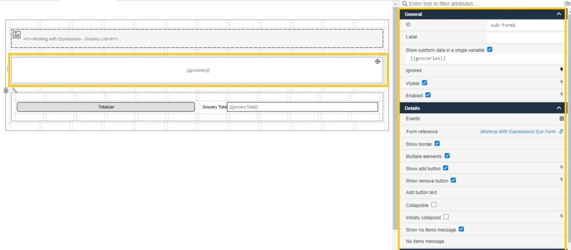 Sub form configuration