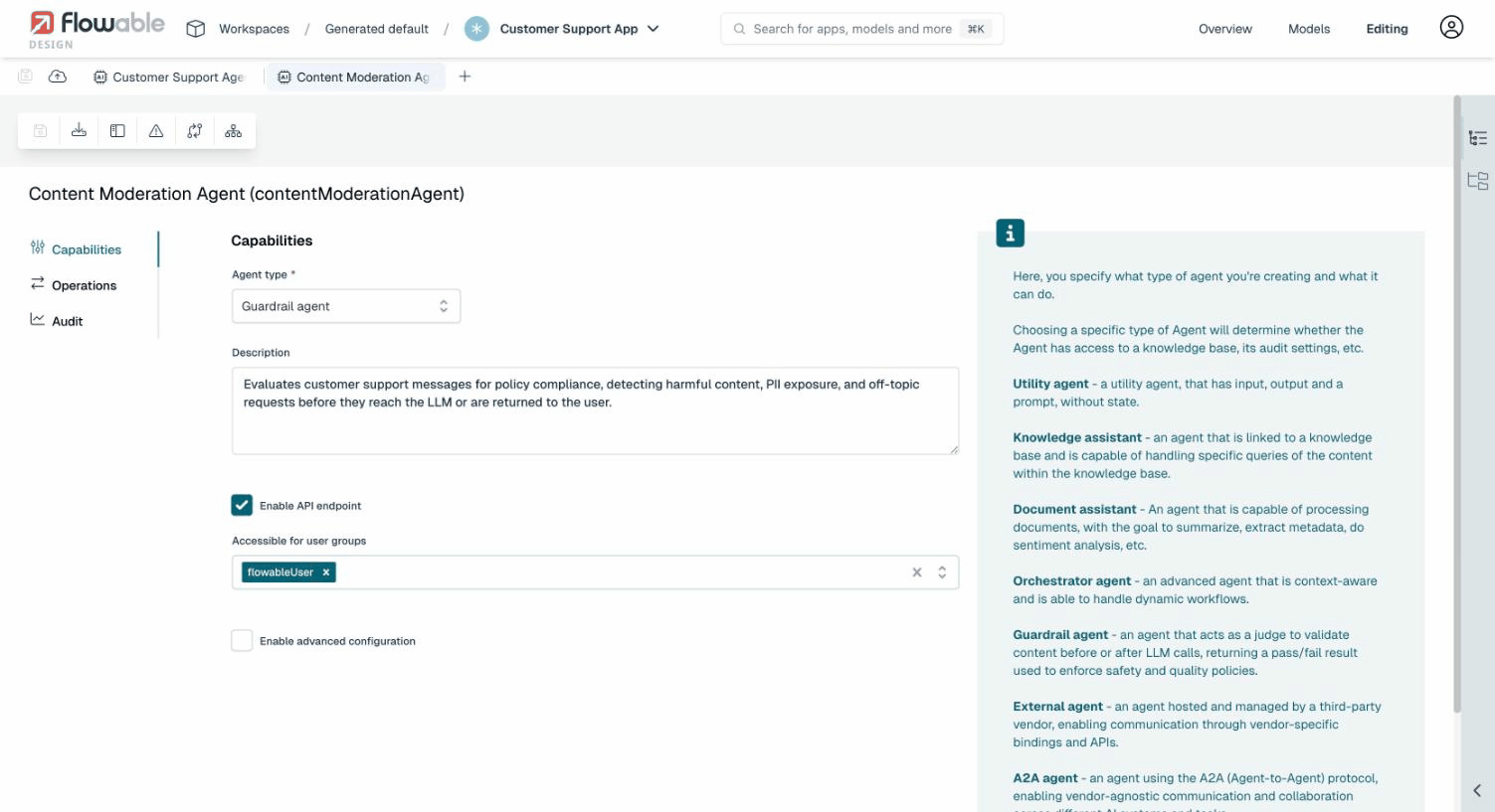 Guardrail agent type selected in capabilities