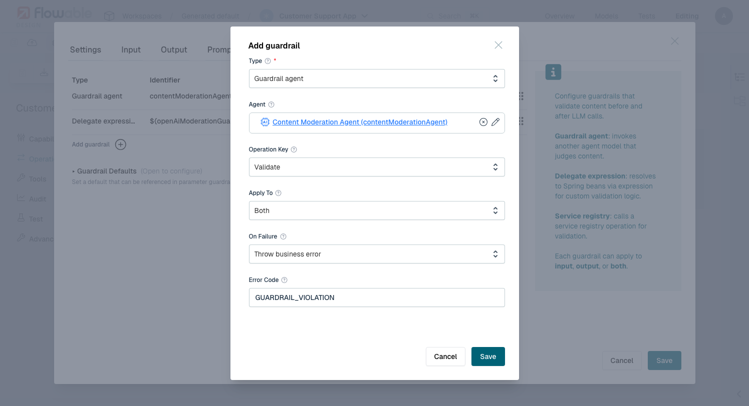 Guardrail agent configured in another agent's operation