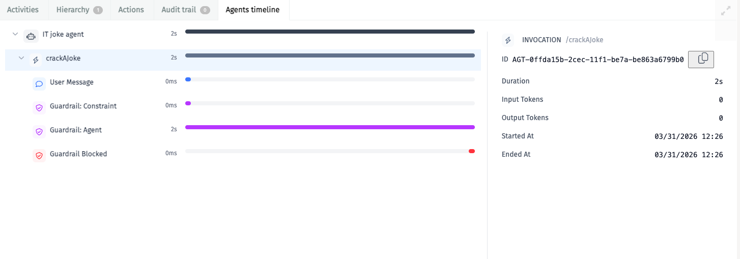 Guardrail evaluations in the Flowable Control Agents timeline