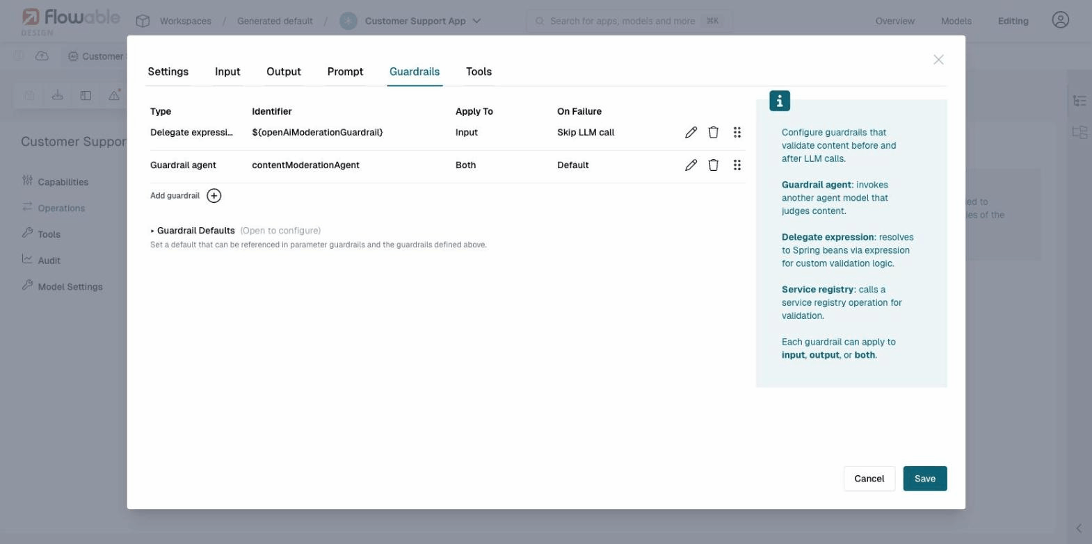 Guardrails tab showing configured guardrails
