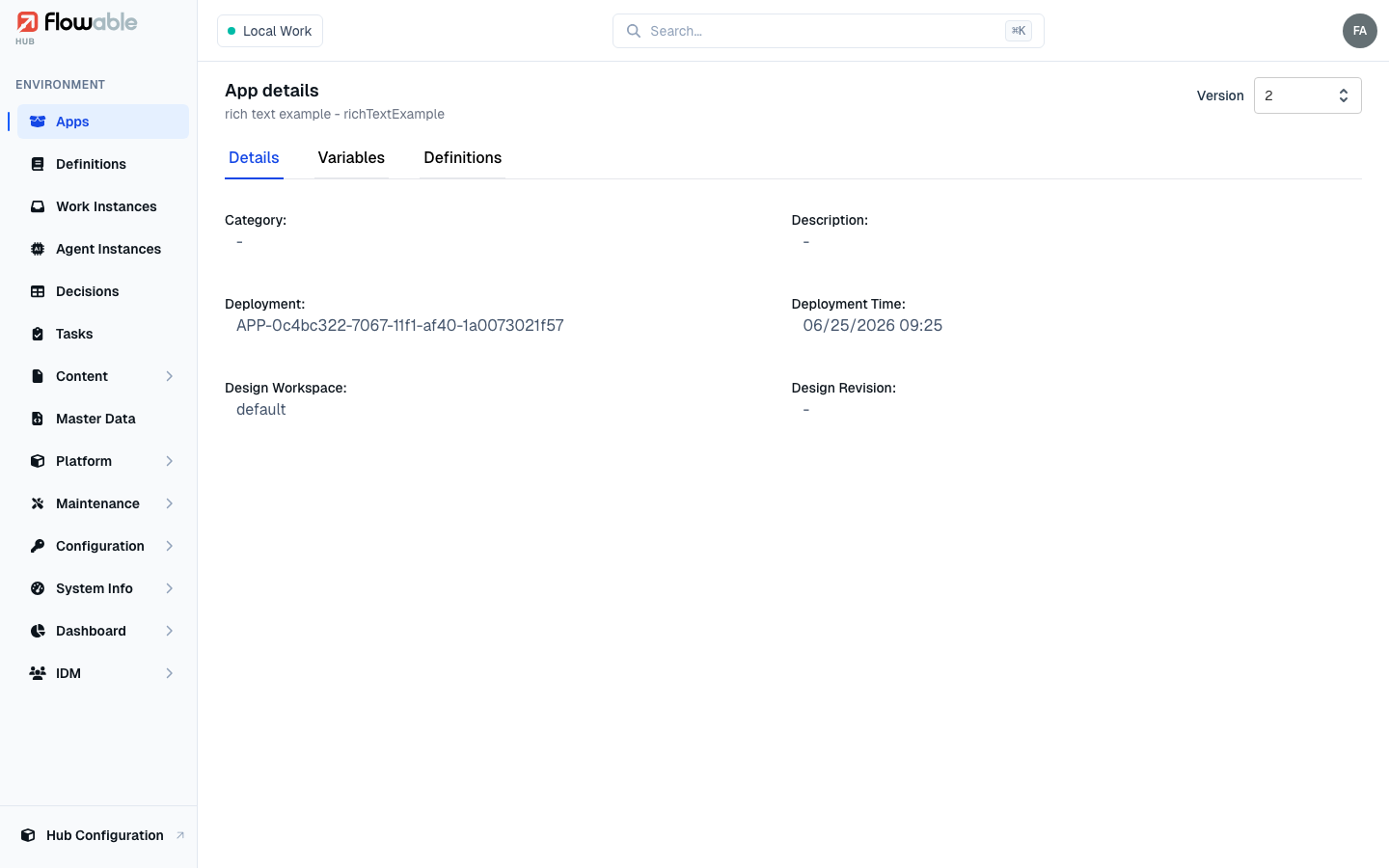 The detail view of a deployed app