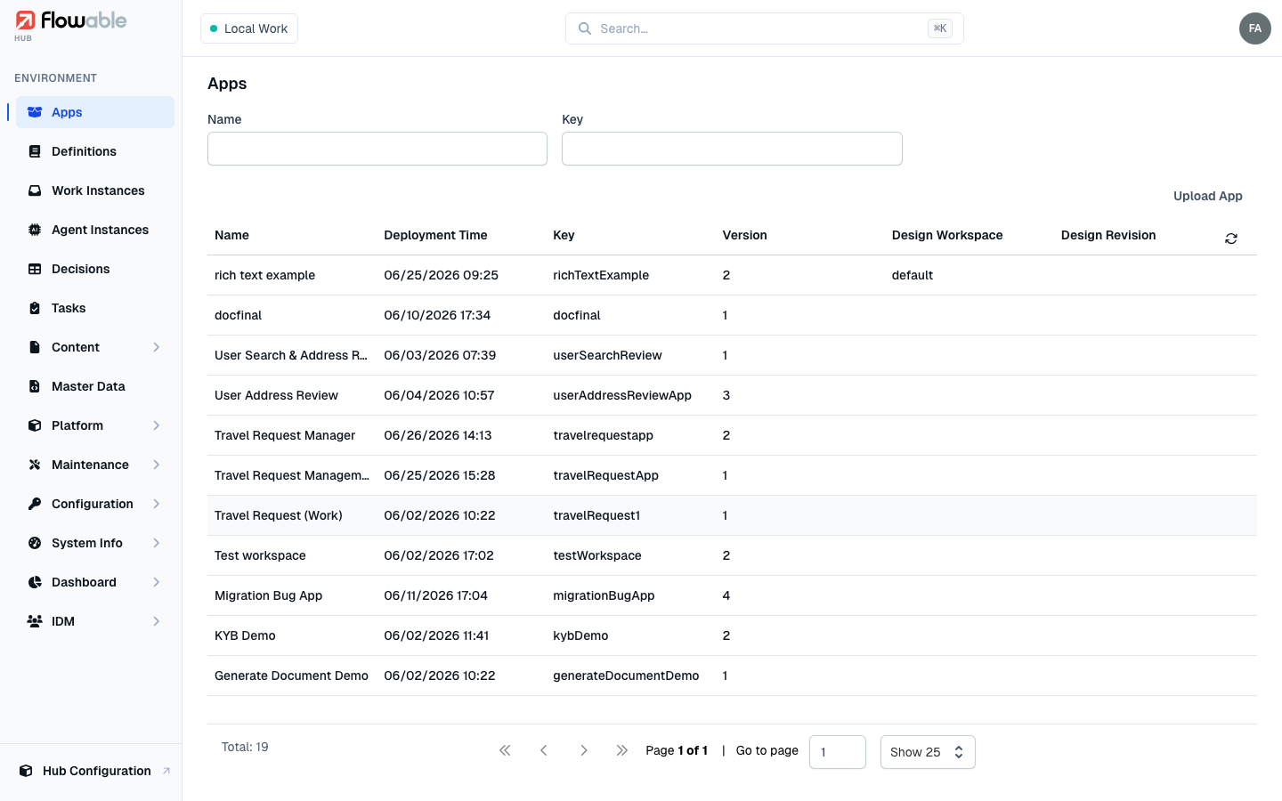 The Flowable Hub apps overview, showing the sidebar, top bar and main panel