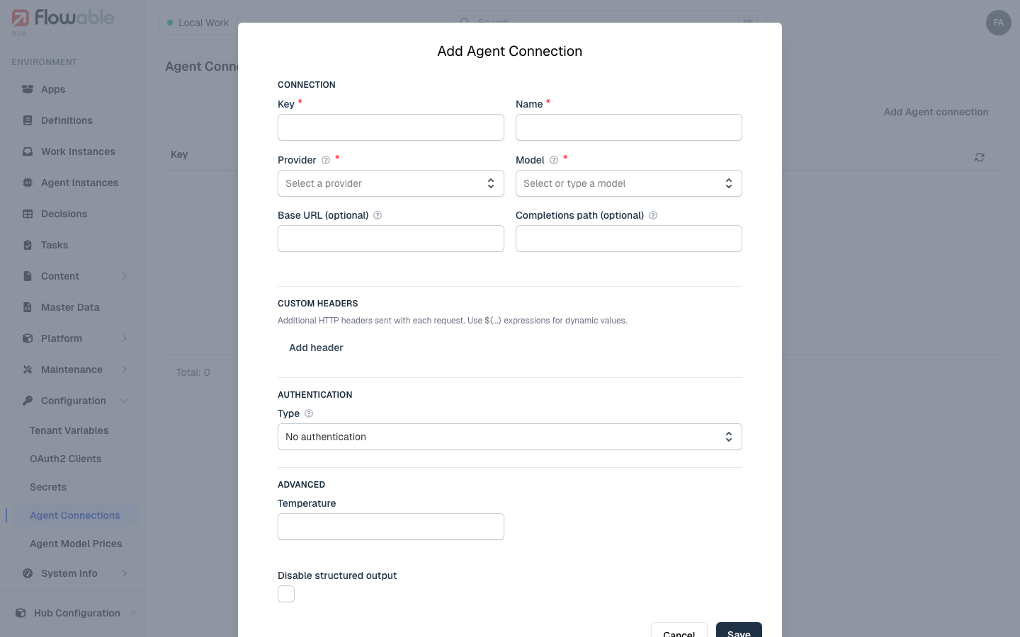 The Add Agent Connection form, with its Connection, Custom Headers, Authentication and Advanced sections