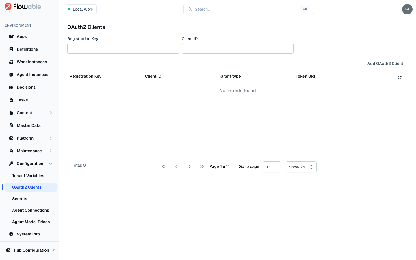 The OAuth2 clients list