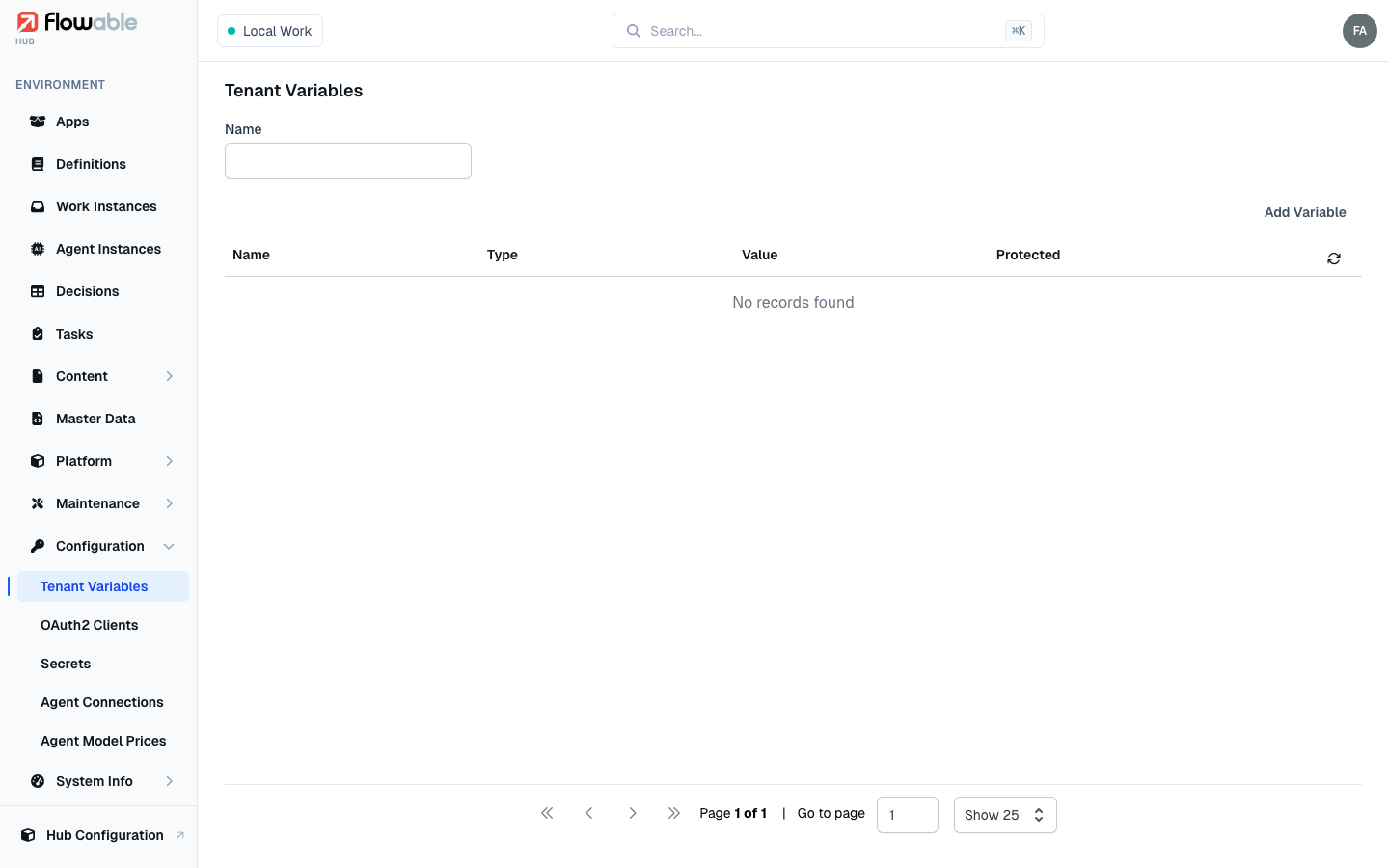 The tenant variables list