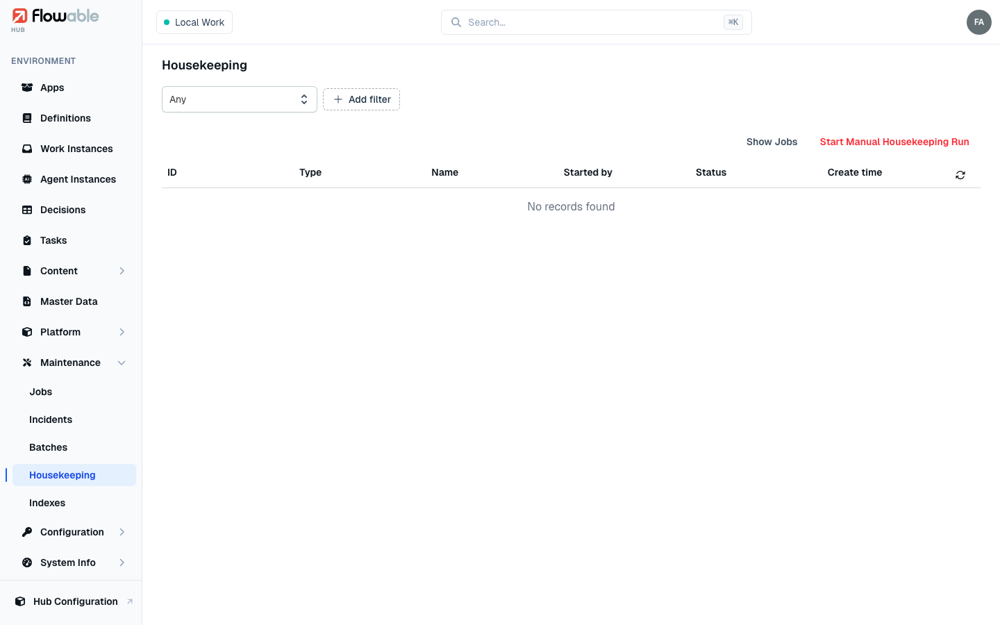 The housekeeping runs list, with Show Jobs and Start Manual Housekeeping Run