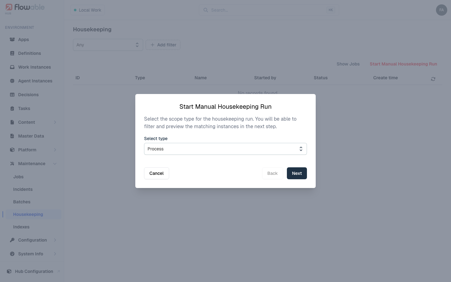 Starting a manual housekeeping run: choosing the scope type