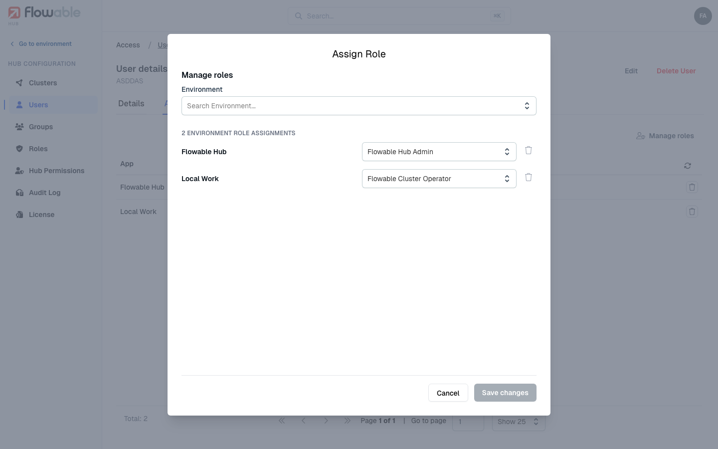 The Manage roles dialog, assigning one or more roles per environment