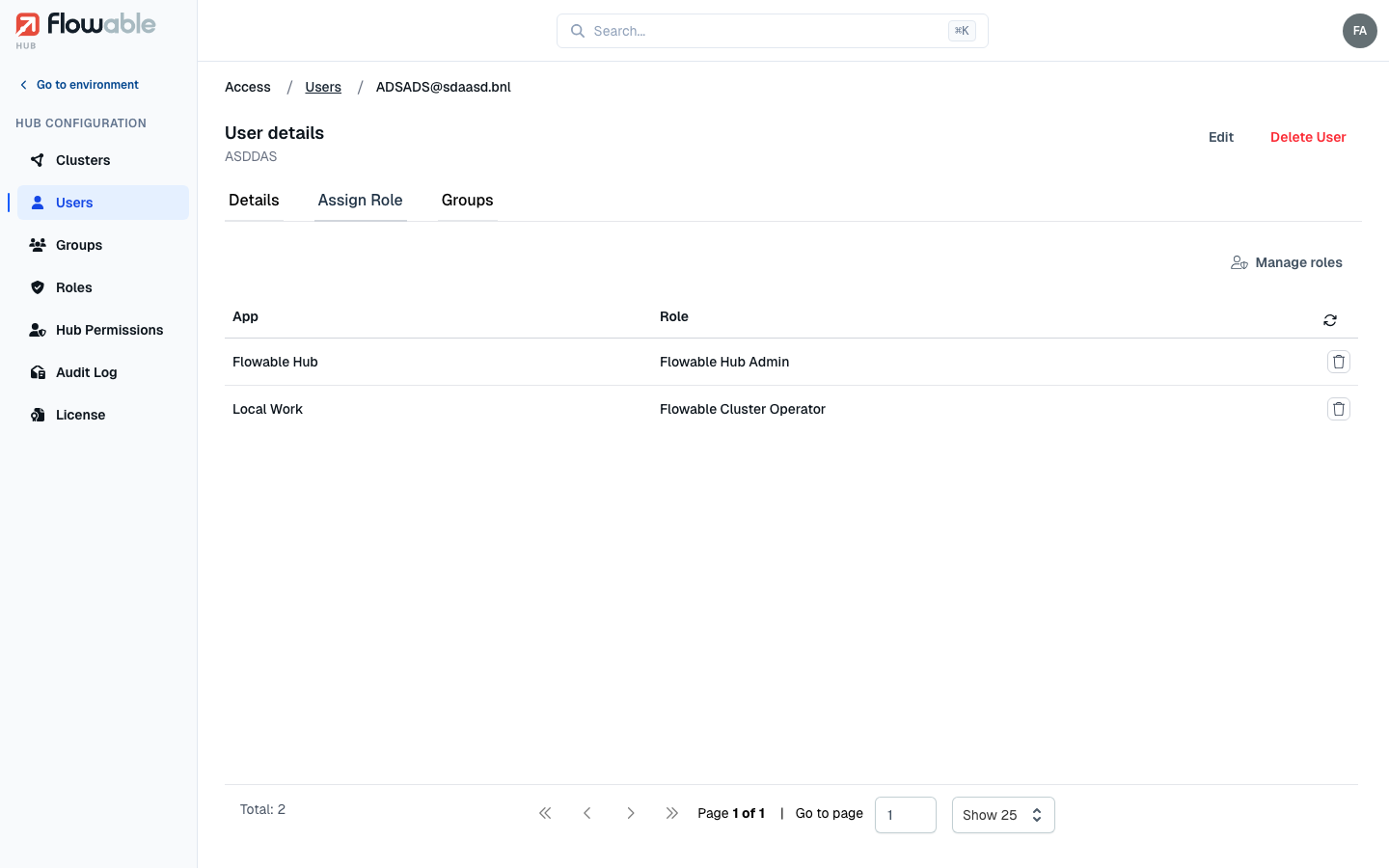 The Assign Role tab on a user, listing their roles per environment