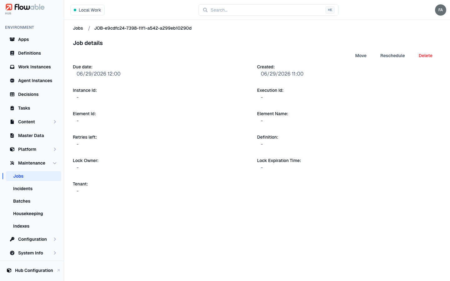 A job detail view with the recovery actions