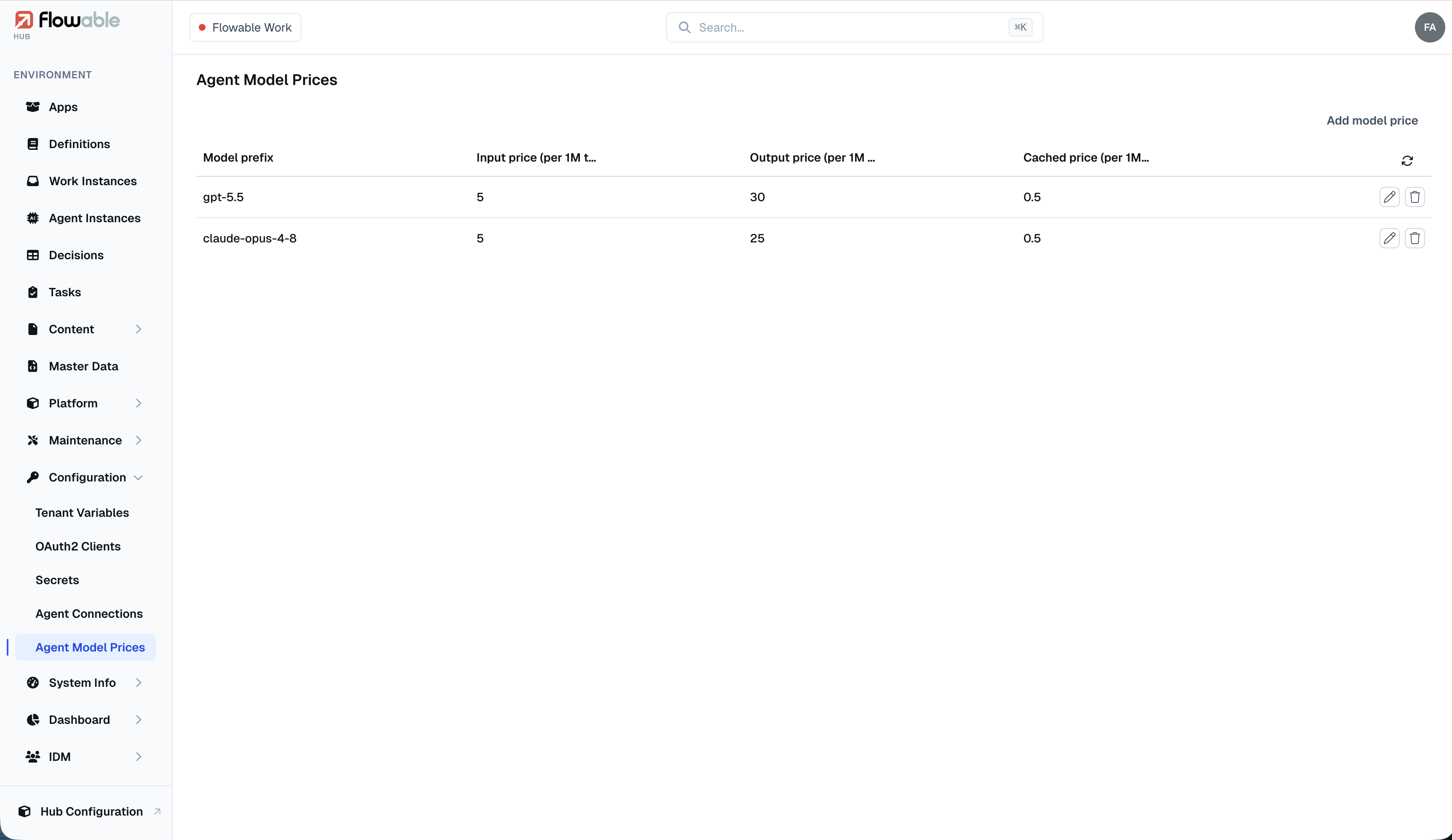 The Agent Model Prices overview in Hub