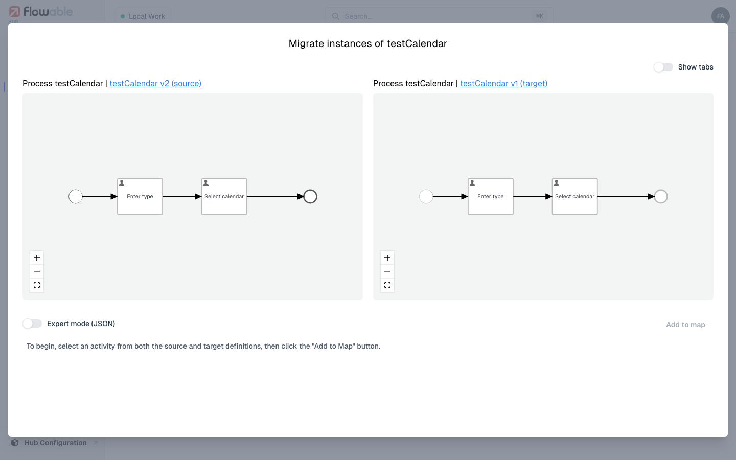 The activity mapping editor, source on the left and target on the right