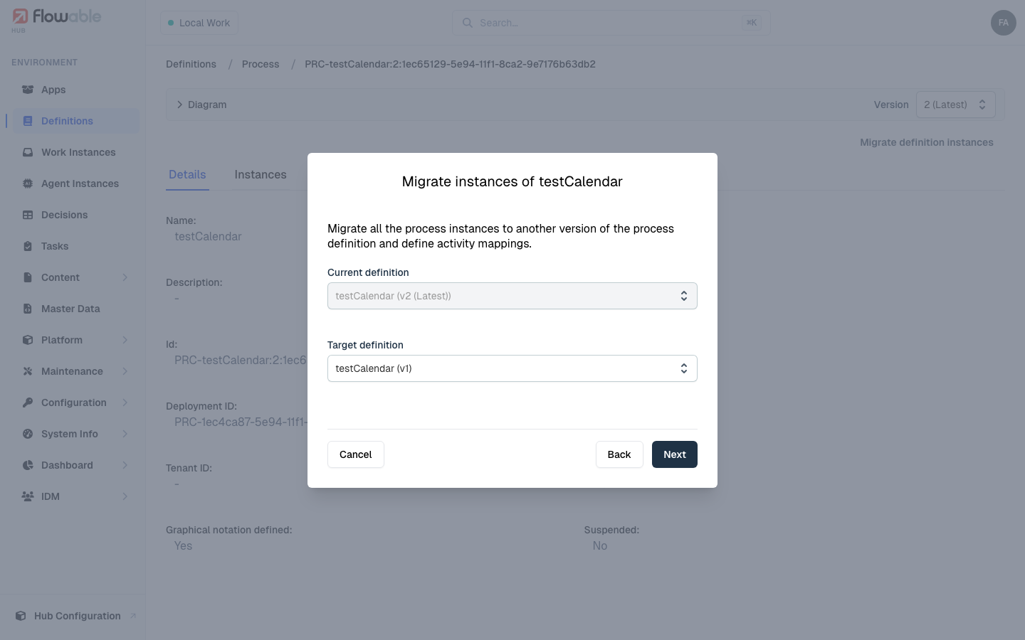Selecting the current and target definition versions