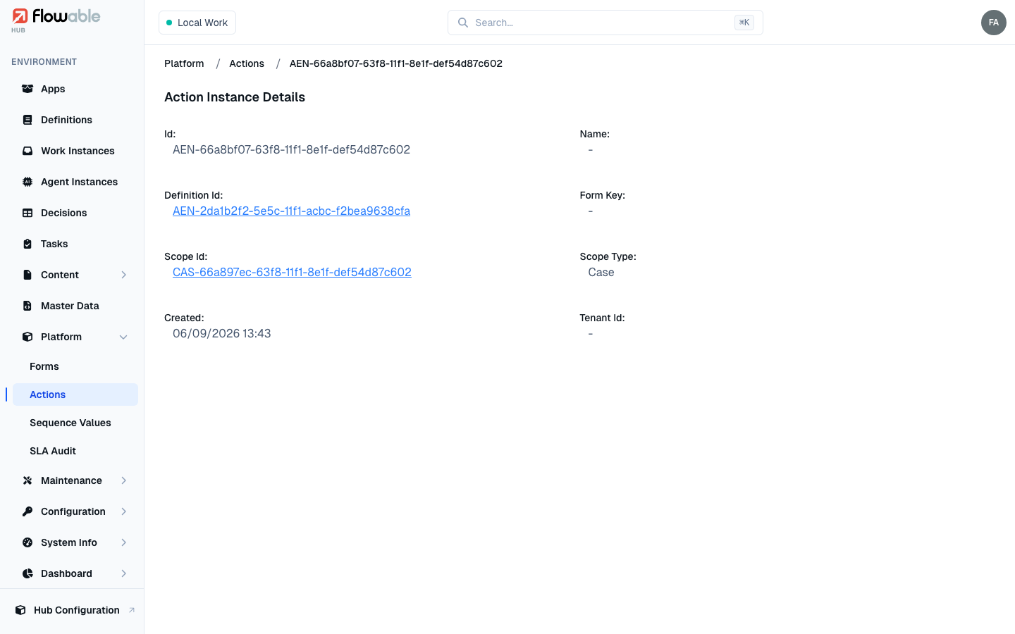 An action instance detail view