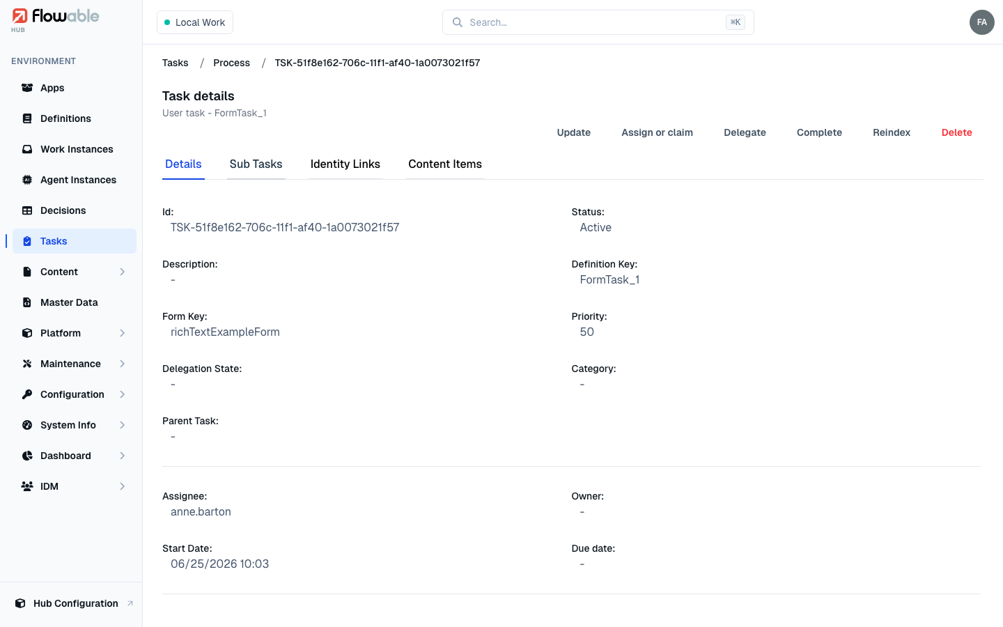 The detail view of an active task